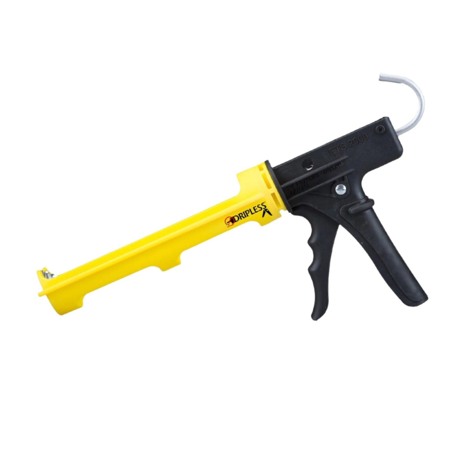 The DRIPLESS ETS2000 10 oz. 12:1 Composite Caulking Gun in yellow and black is ideal for composite construction, featuring an ergonomic handle and a hook for easy storage.
